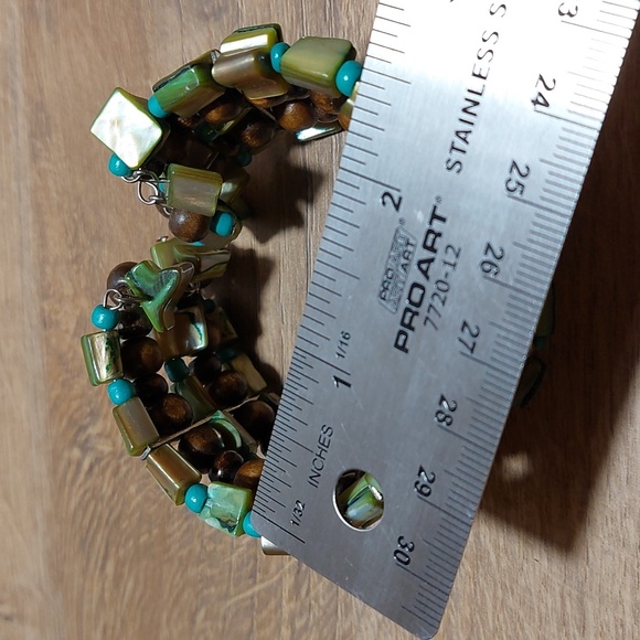 Green Brown MOP Shell and Wood Beaded Wires Wide Cuff Bracelet - Picture 5 of 6